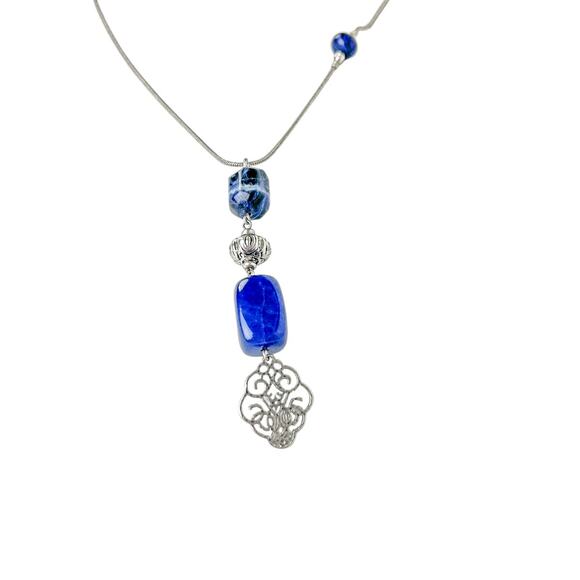 Chicos Beaded Pendant Necklace Tags Blue Silver Tone Pull Adjustable Slide Chain - Picture 5 of 10